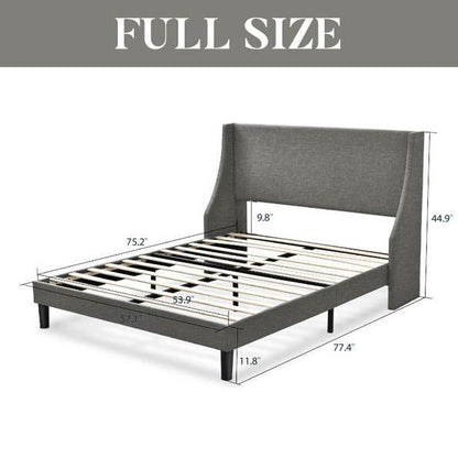 Full Size Grey Linen Blend Upholstered Platform Bed with Wingback Headboard - Loft&Timber