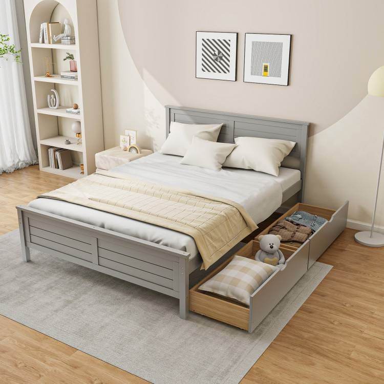 Full Size Grey Platform Bed Frame with 2 Storage Drawers - Loft&Timber