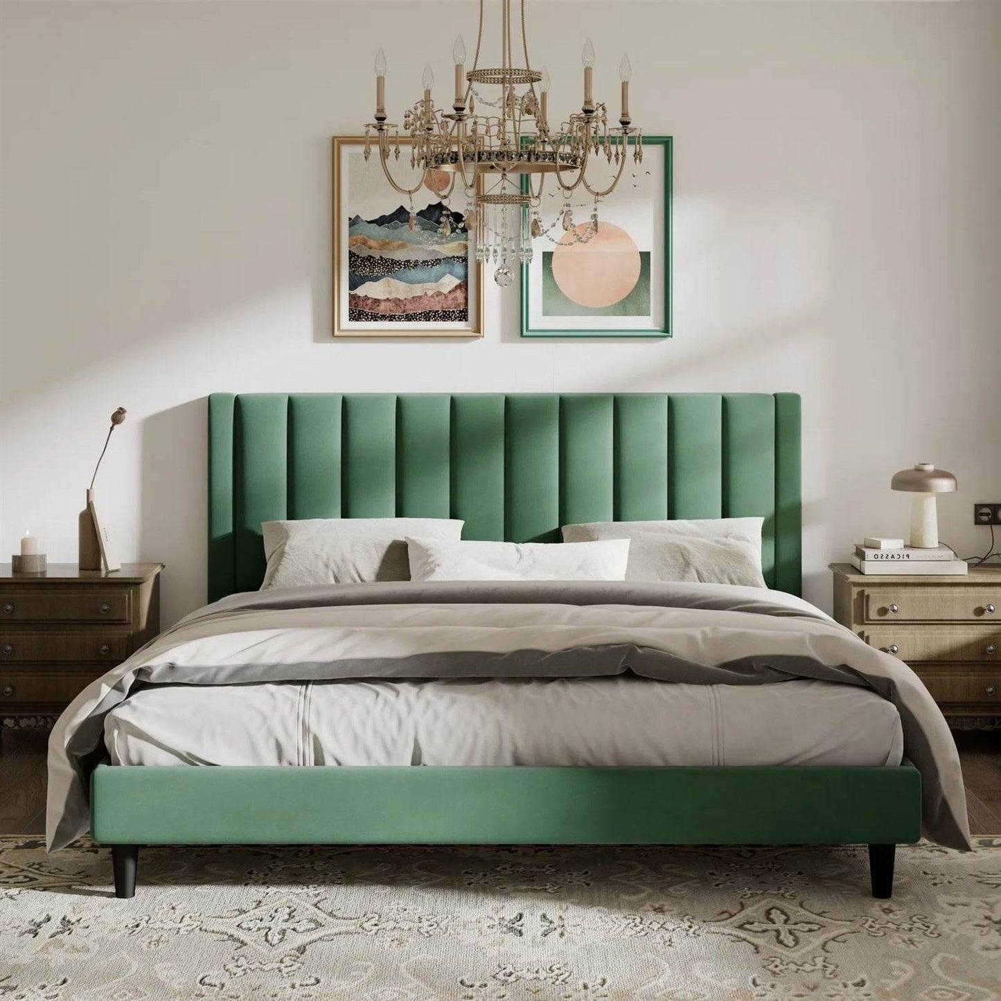 King size Modern Green Velvet Upholstered Platform Bed with Headboard - Loft&Timber