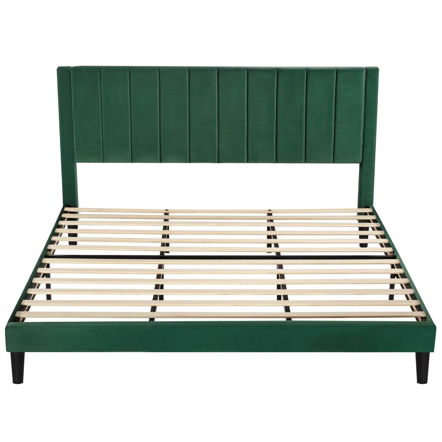King size Modern Green Velvet Upholstered Platform Bed with Headboard - Loft&Timber