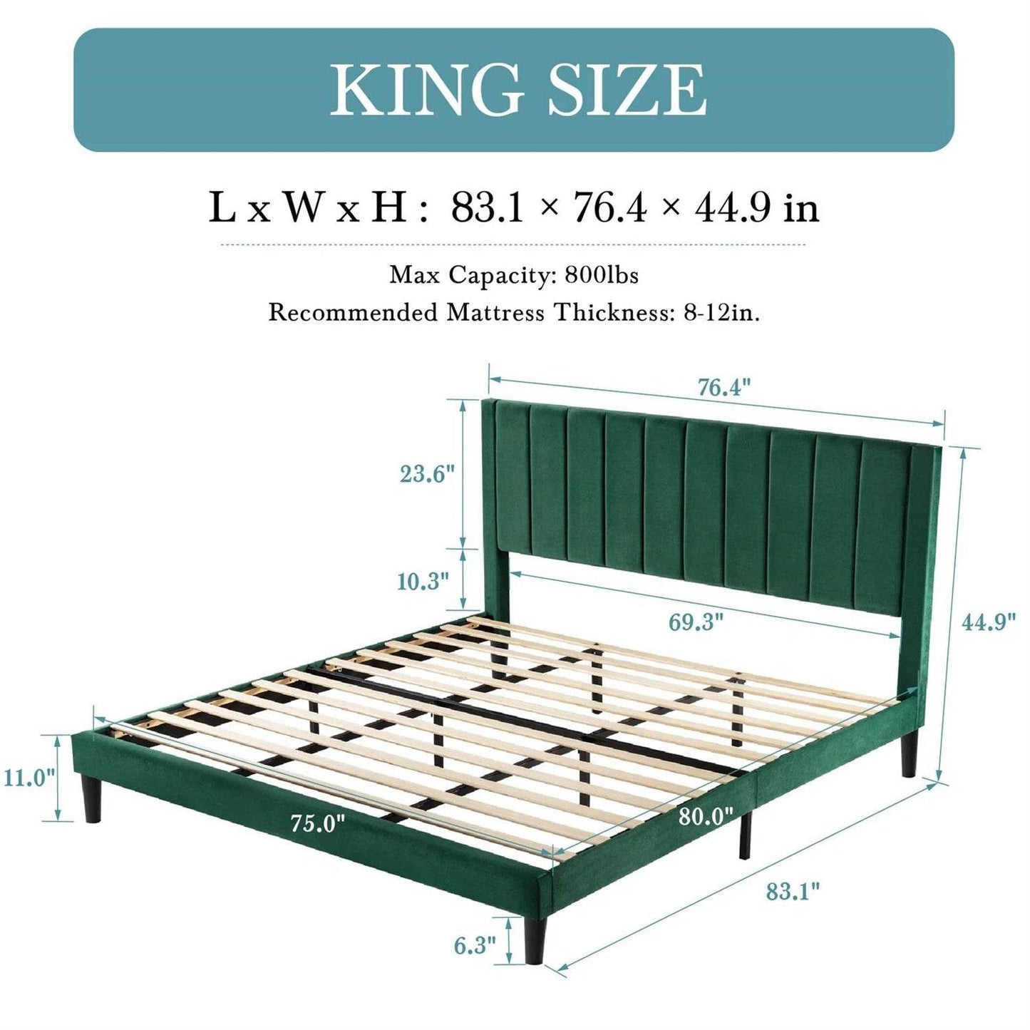 King size Modern Green Velvet Upholstered Platform Bed with Headboard - Loft&Timber