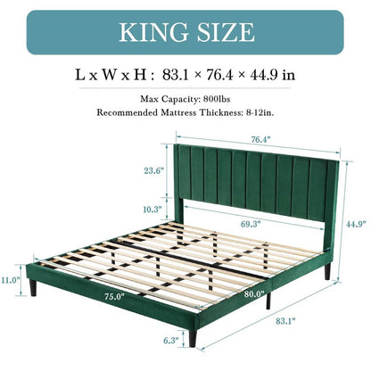 King size Modern Green Velvet Upholstered Platform Bed with Headboard - Loft&Timber