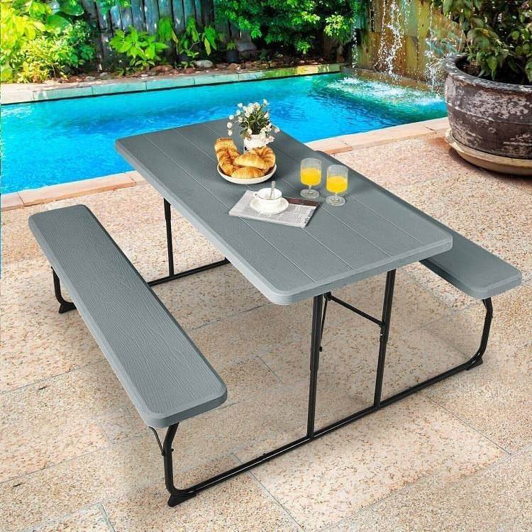 Grey Folding Picnic Table with 2 Benches Outdoor Patio Dining Set - Loft&Timber