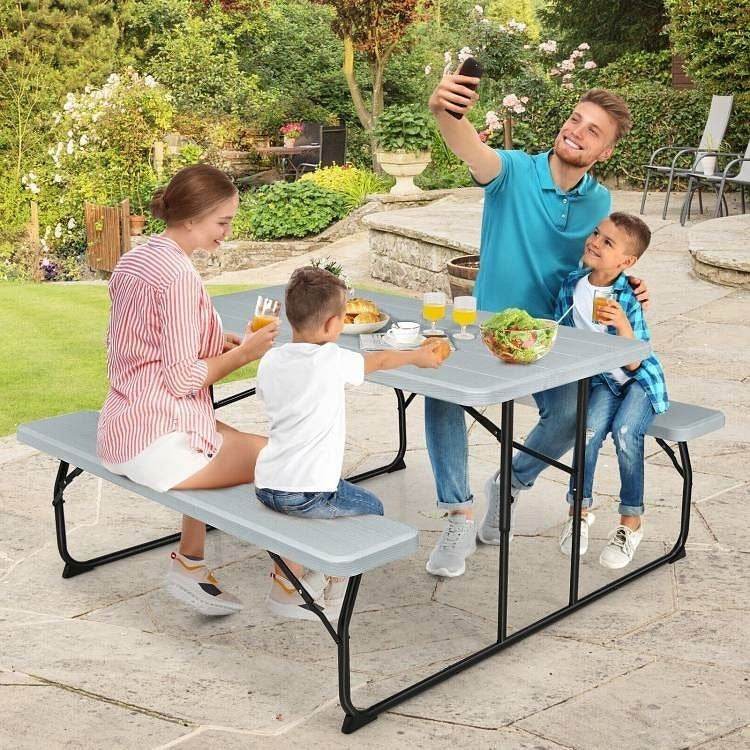 Grey Folding Picnic Table with 2 Benches Outdoor Patio Dining Set - Loft&Timber