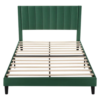 Queen size Modern Green Velvet Upholstered Platform Bed with Headboard - Loft&Timber