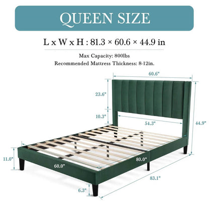 Queen size Modern Green Velvet Upholstered Platform Bed with Headboard - Loft&Timber