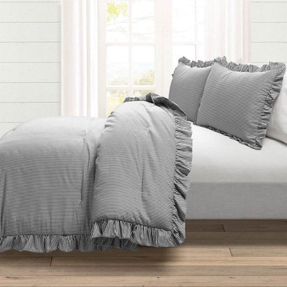 Full/Queen Grey White Stripe Ruffle Reversible 3 Piece Comforter Set - Loft&Timber