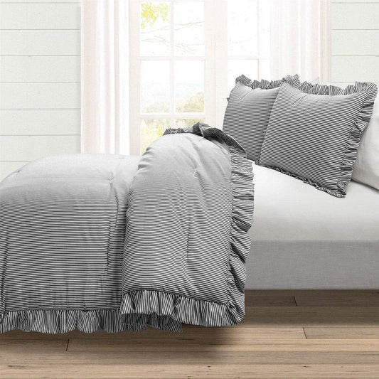 Full/Queen Grey White Stripe Ruffle Reversible 3 Piece Comforter Set - Loft&Timber