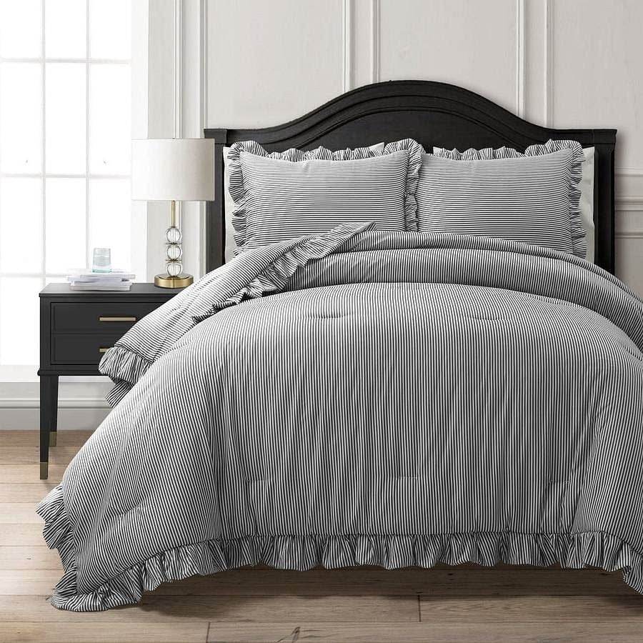 Full/Queen Grey White Stripe Ruffle Reversible 3 Piece Comforter Set - Loft&Timber