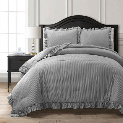 Full/Queen Grey White Stripe Ruffle Reversible 3 Piece Comforter Set - Loft&Timber