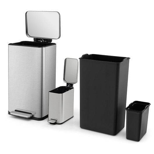 10.5 Gal and 1.6 Gal Step Trash Can Combo Set with Detachable Inner Buckets-Silver - Loft&Timber