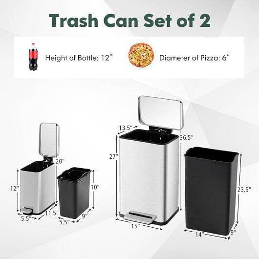 10.5 Gal and 1.6 Gal Step Trash Can Combo Set with Detachable Inner Buckets-Silver - Loft&Timber