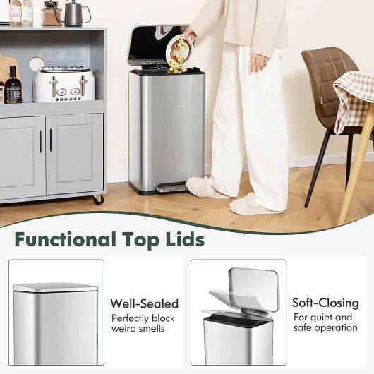 10.5 Gal and 1.6 Gal Step Trash Can Combo Set with Detachable Inner Buckets-Silver - Loft&Timber