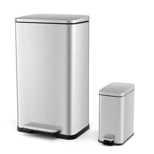 10.5 Gal and 1.6 Gal Step Trash Can Combo Set with Detachable Inner Buckets-Silver - Loft&Timber