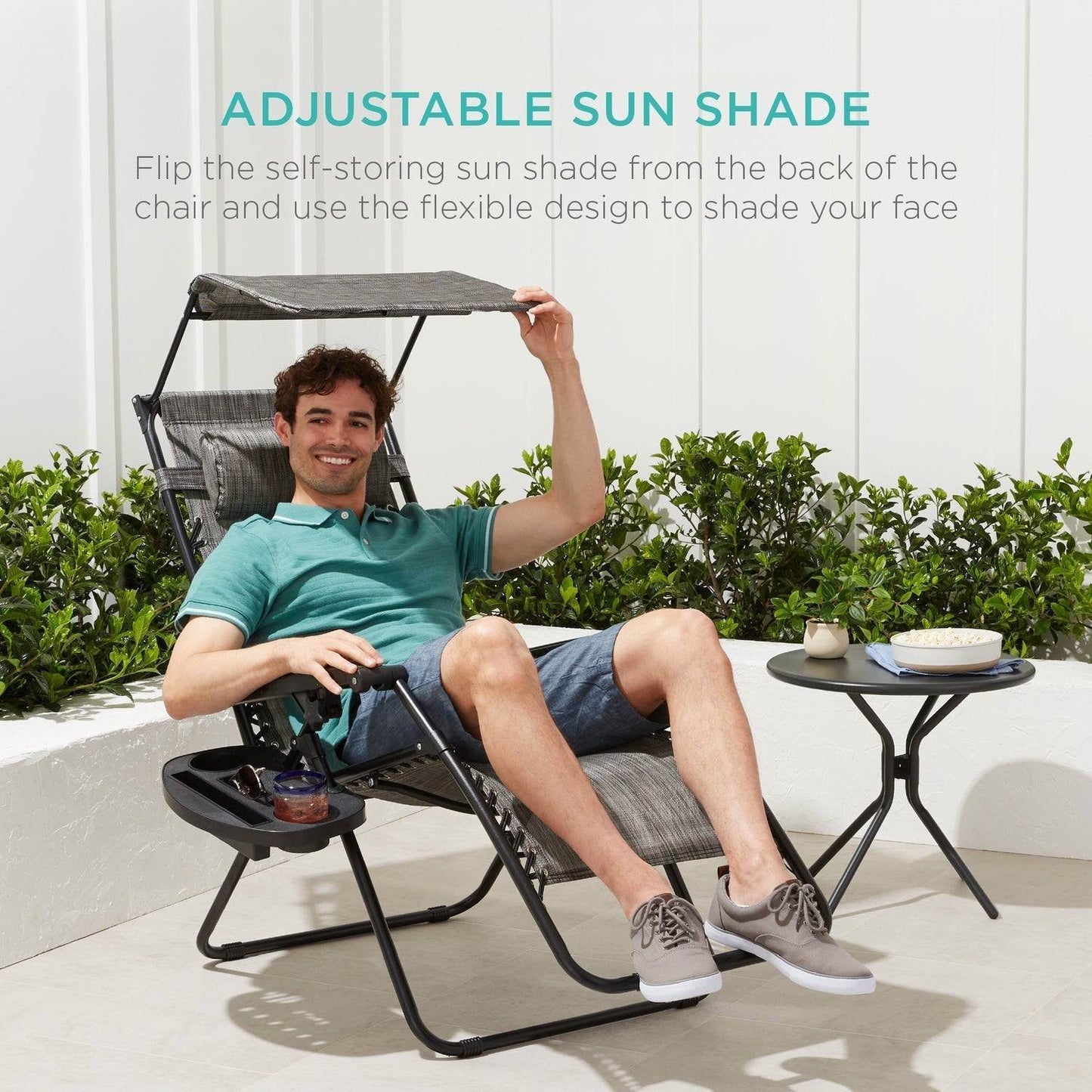 Grey Zero Gravity Folding Reclining Patio Lounge Chair with Canopy Sun Shade - Loft&Timber