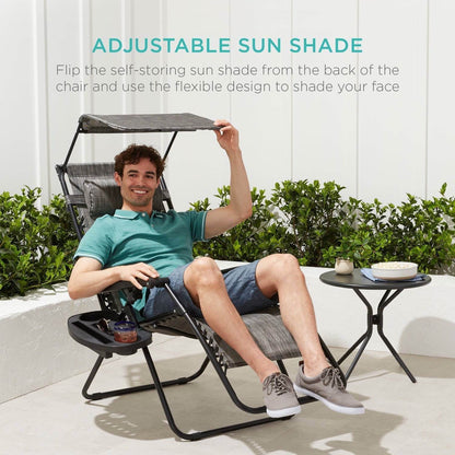Grey Zero Gravity Folding Reclining Patio Lounge Chair with Canopy Sun Shade - Loft&Timber