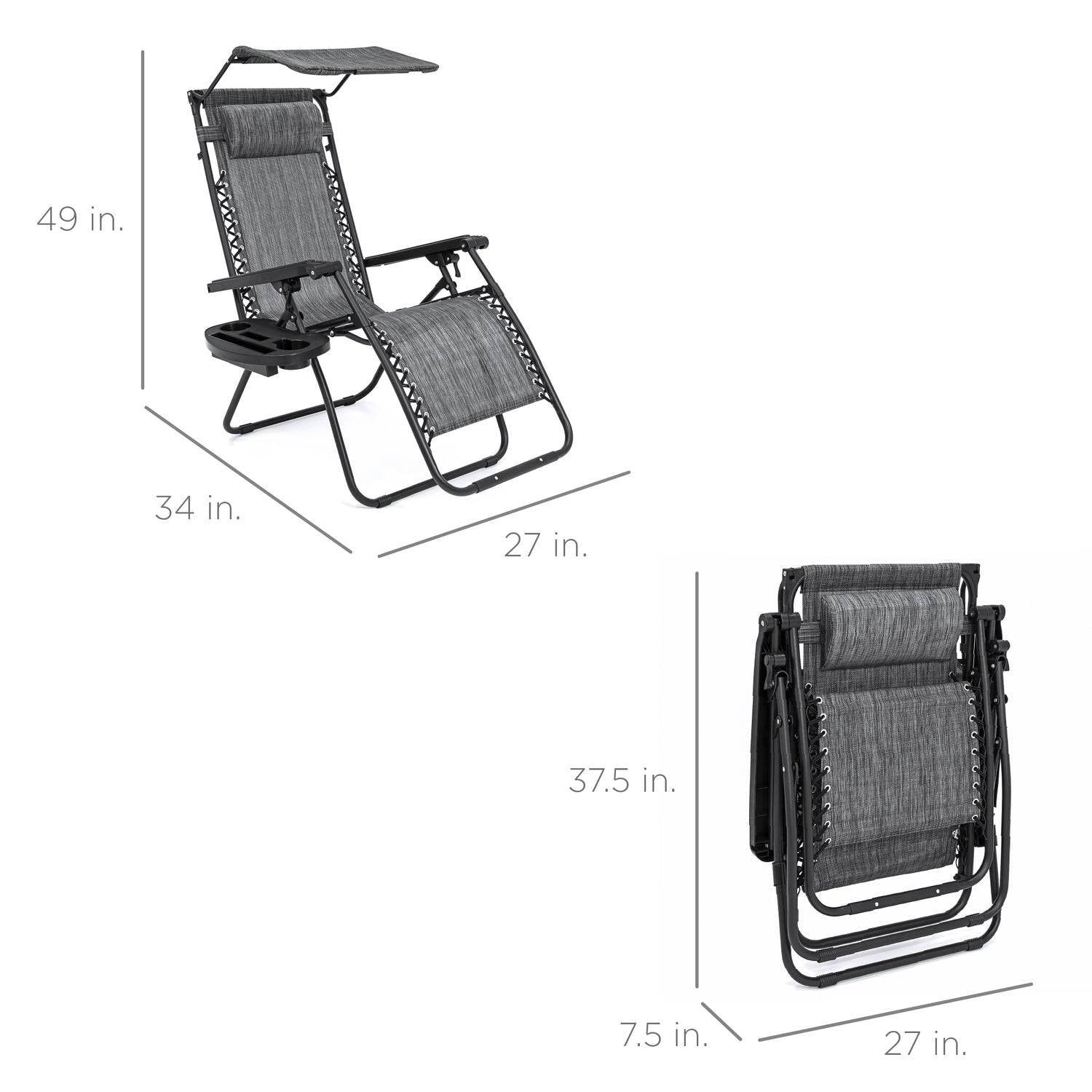 Grey Zero Gravity Folding Reclining Patio Lounge Chair with Canopy Sun Shade - Loft&Timber