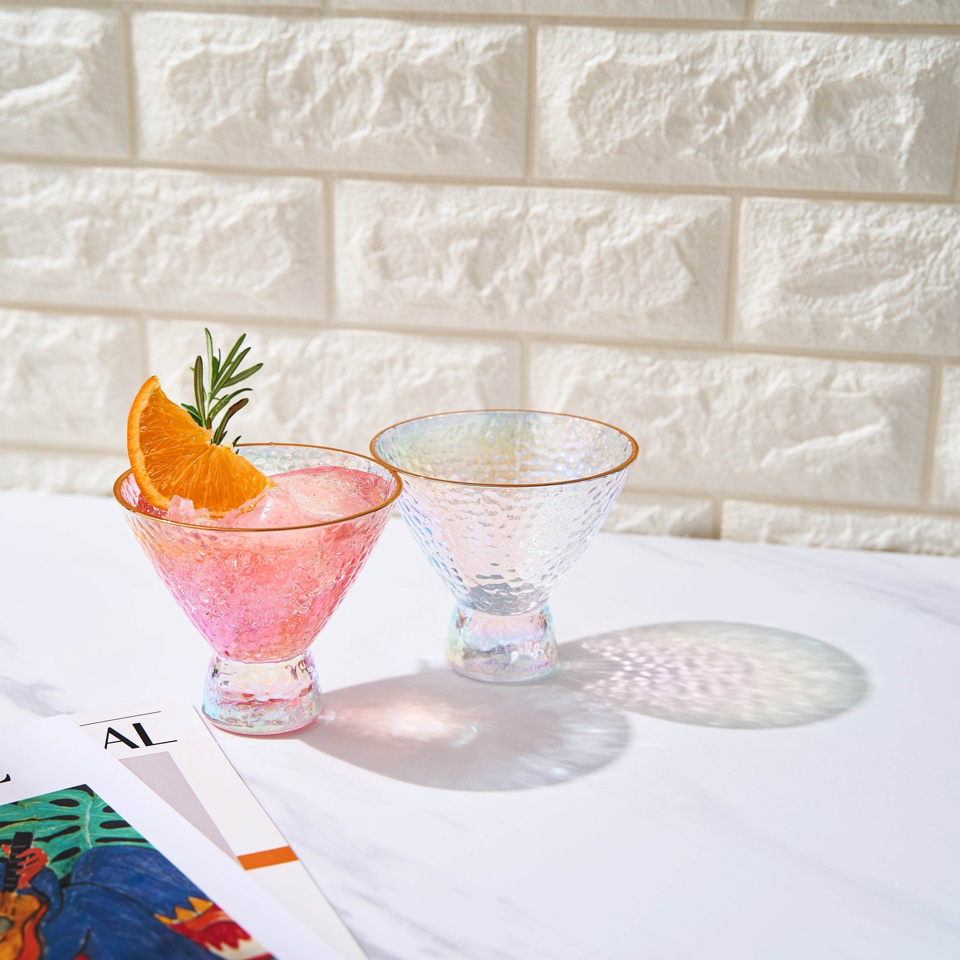 Iridescent Lustered Stemless Martini Glasses Set of 2 - Hammered Cocktail & Martini Glasses - Luxury Gift Box - Gold Rim 8oz Colorful Stemless Glassware - Weddings, Anniversary, Christmas, Barware - Loft&Timber