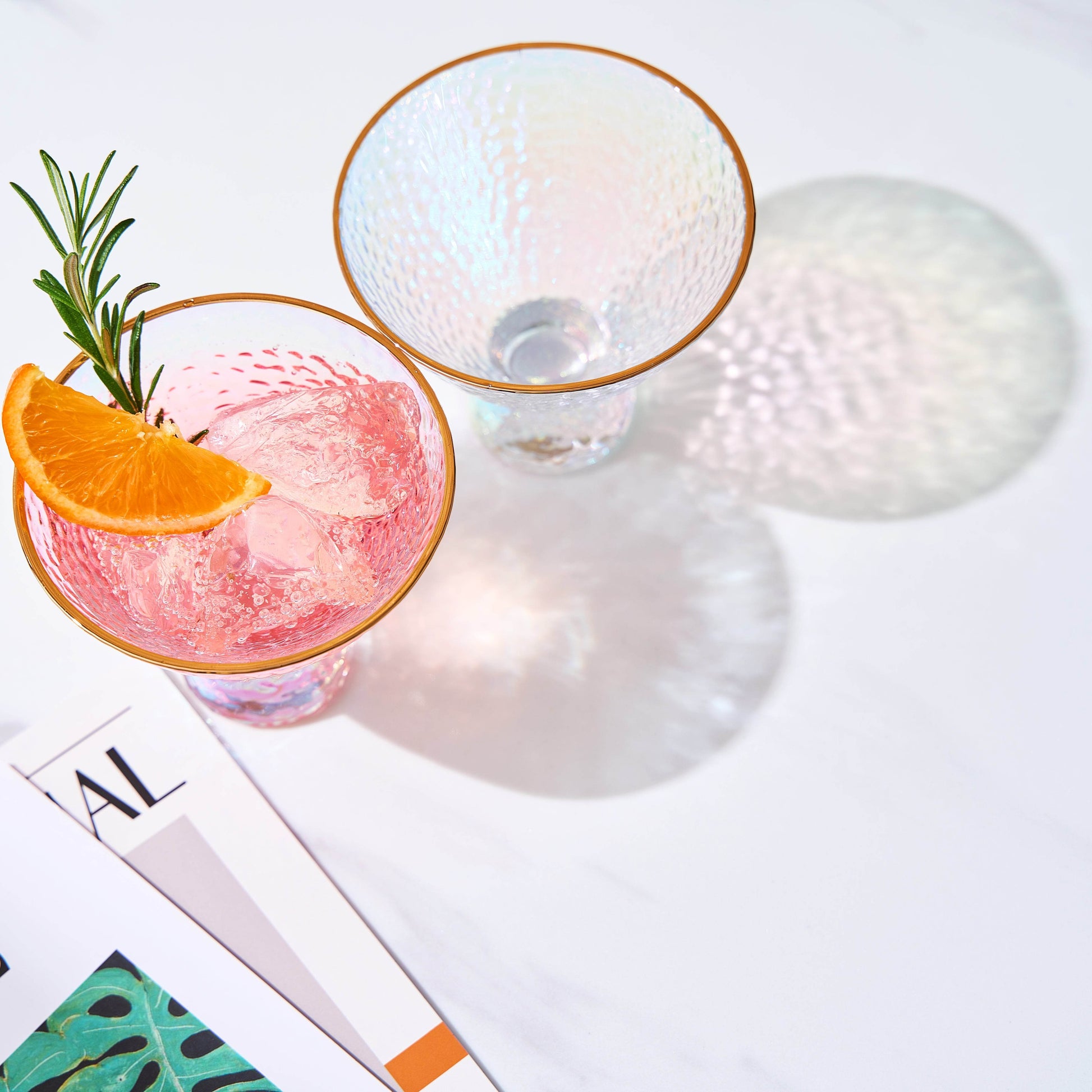 Iridescent Lustered Stemless Martini Glasses Set of 2 - Hammered Cocktail & Martini Glasses - Luxury Gift Box - Gold Rim 8oz Colorful Stemless Glassware - Weddings, Anniversary, Christmas, Barware - Loft&Timber