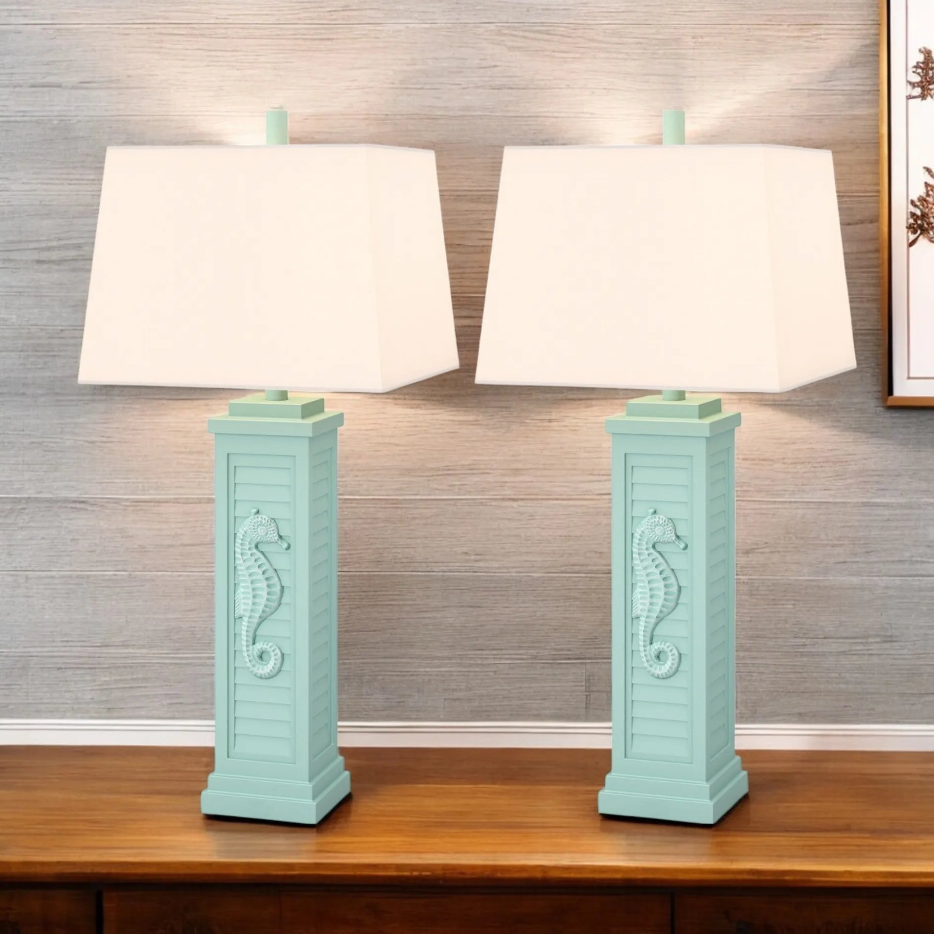 HMS Set of Two 32" Turquoise Seahorse Shutter USB Table Lamps with White Shade - Loft&Timber
