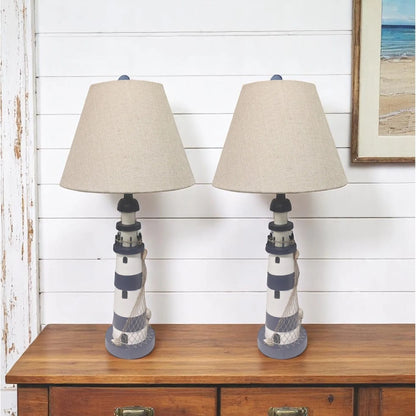 HMS Set of Two 30" Modern Blue White Lighthouse with Cream Cone Shade Table Lamps - Loft&Timber