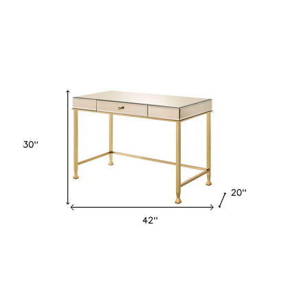 HMS 42" Solid Wood Computer Table White and Gold Mirrored Desk - Loft&Timber