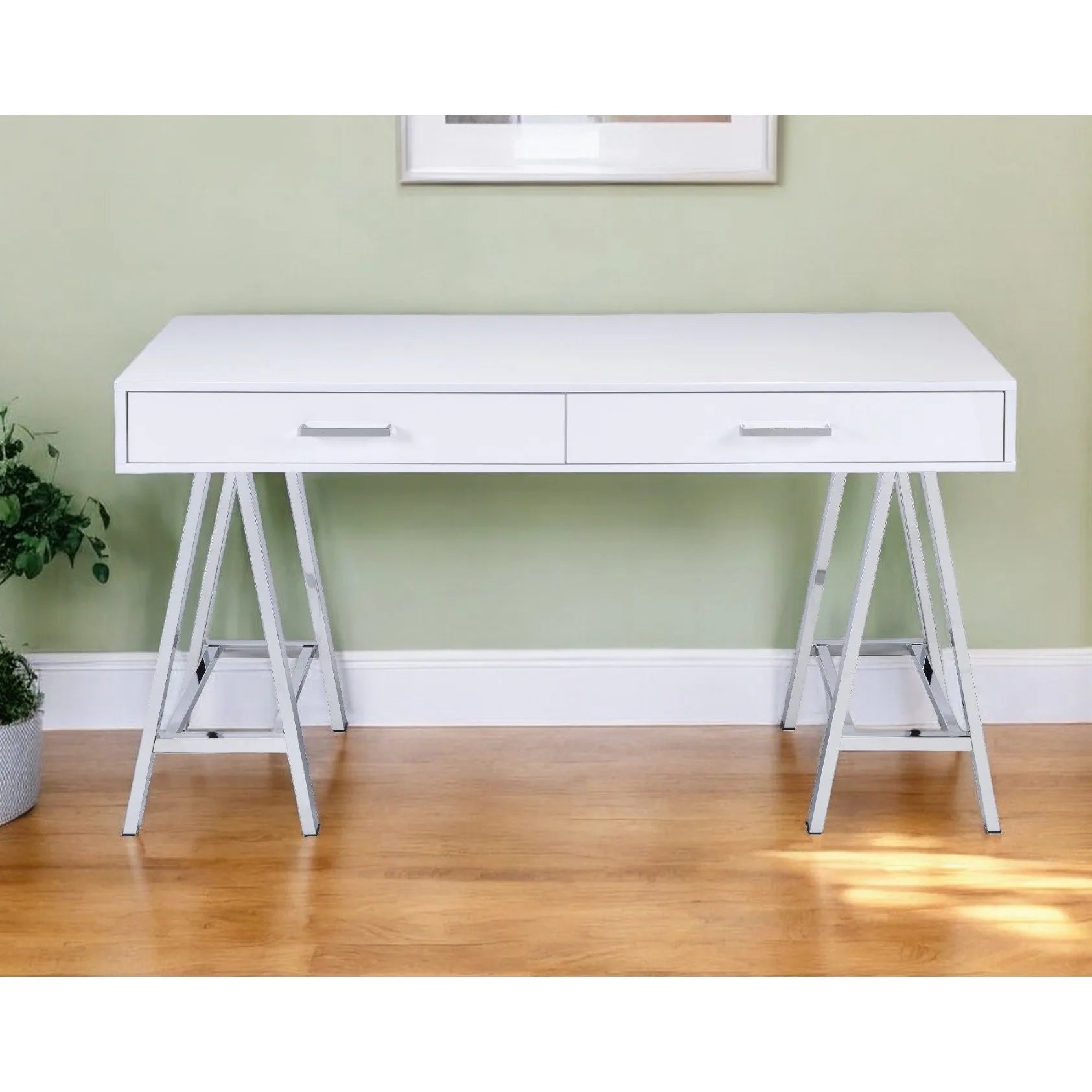 HMS 54" Solid Wood Writing Desk with Two Drawers White and Silver - Loft&Timber