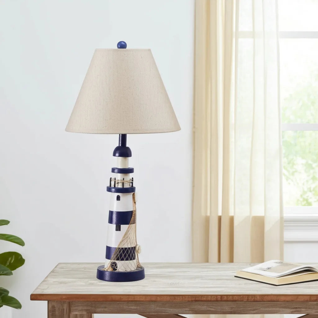 HMS Set of Two 30" Modern Blue White Lighthouse with Cream Cone Shade Table Lamps - Loft&Timber