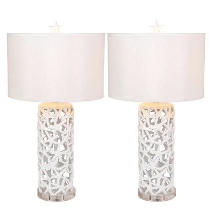 Set of Two 30" White Coastal Starfish Table Lamps with White Drum Shades - Loft&Timber