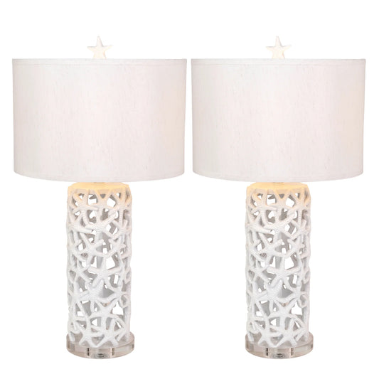 Set of Two 30" White Coastal Starfish Table Lamps with White Drum Shades - Loft&Timber