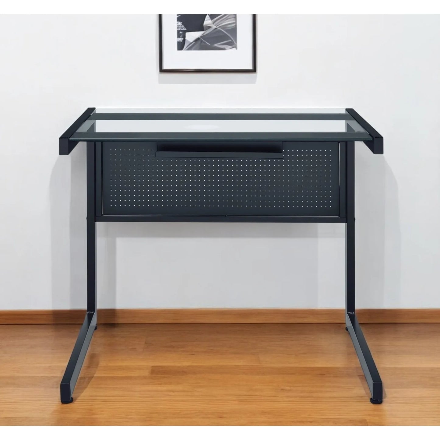HMS 33" Clear and Black Glass Computer Desk with Stainless Steel Writing Surface - Loft&Timber