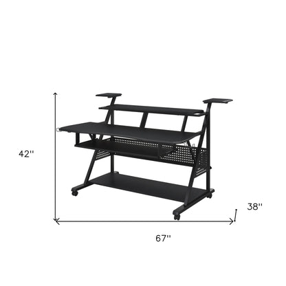 HMS 67" Black Solid Wood and Metal Rolling Desk - Loft&Timber