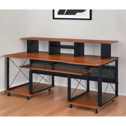 HMS 72" Brown and Black Wood and Metal Rolling Computer Desk - Loft&Timber
