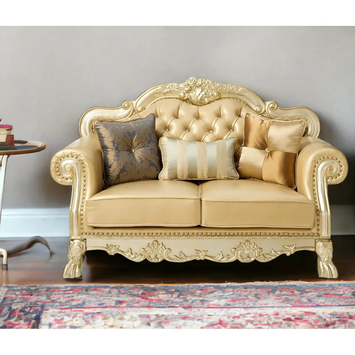 HMS 64" Bone and Gold Faux Leather Loveseat - Loft&Timber