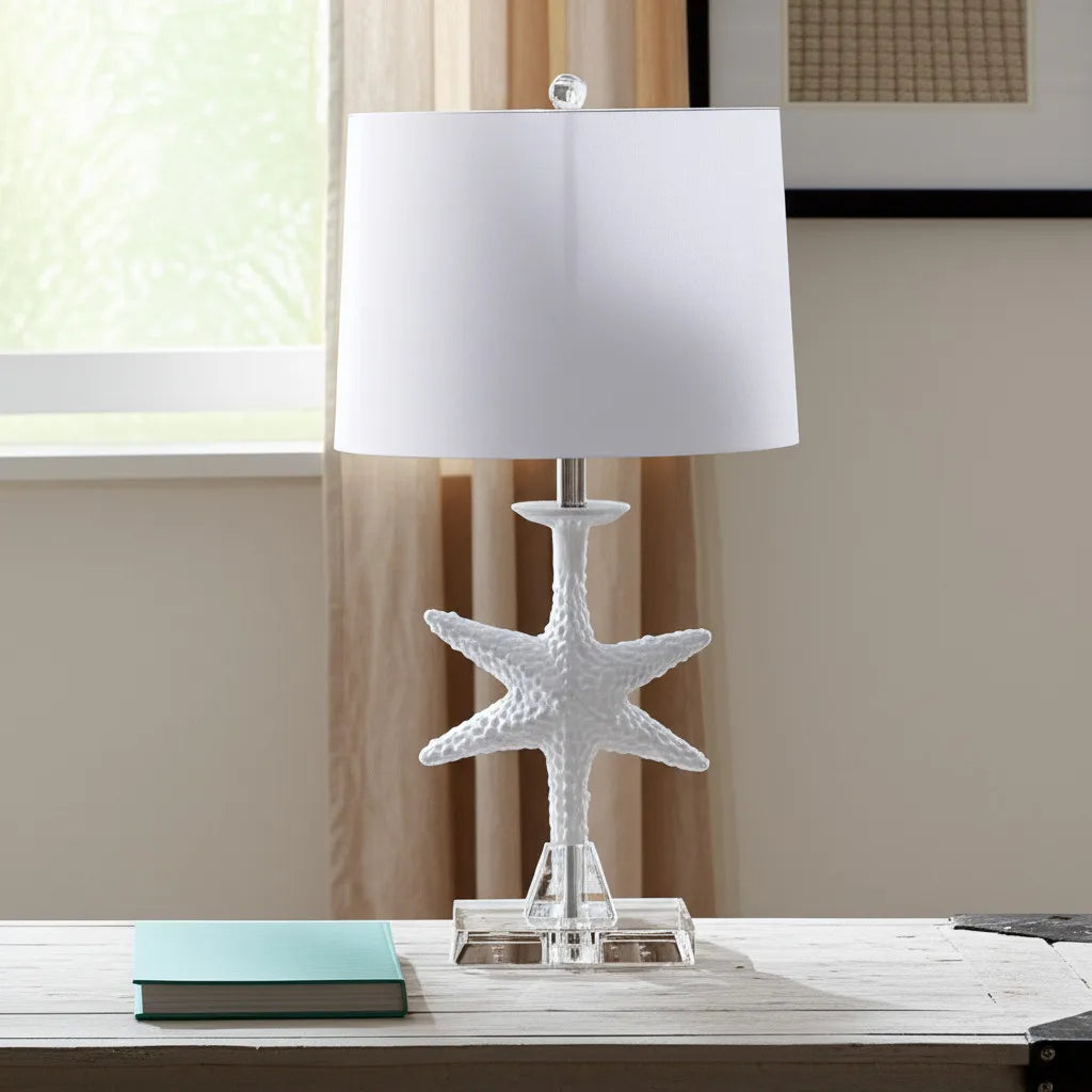 HMS Set of Two 28" Coastal Star Fish Table Lamps Clear & White with White Drum Shades - Loft&Timber