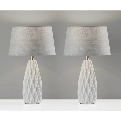 Set of Two 23\" White Ceramic Bedside Lamps with Gray Drum Shade HMS Table Lamps - Loft&Timber