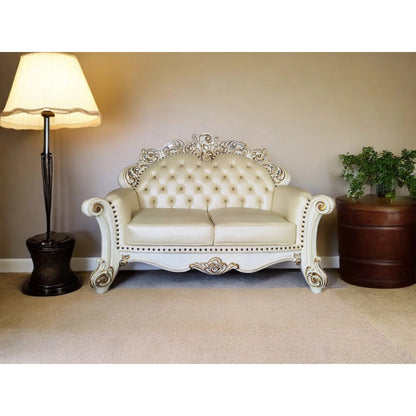 HMS 70" Champagne and Pearl Genuine Leather Loveseat and Toss Pillows - Loft&Timber