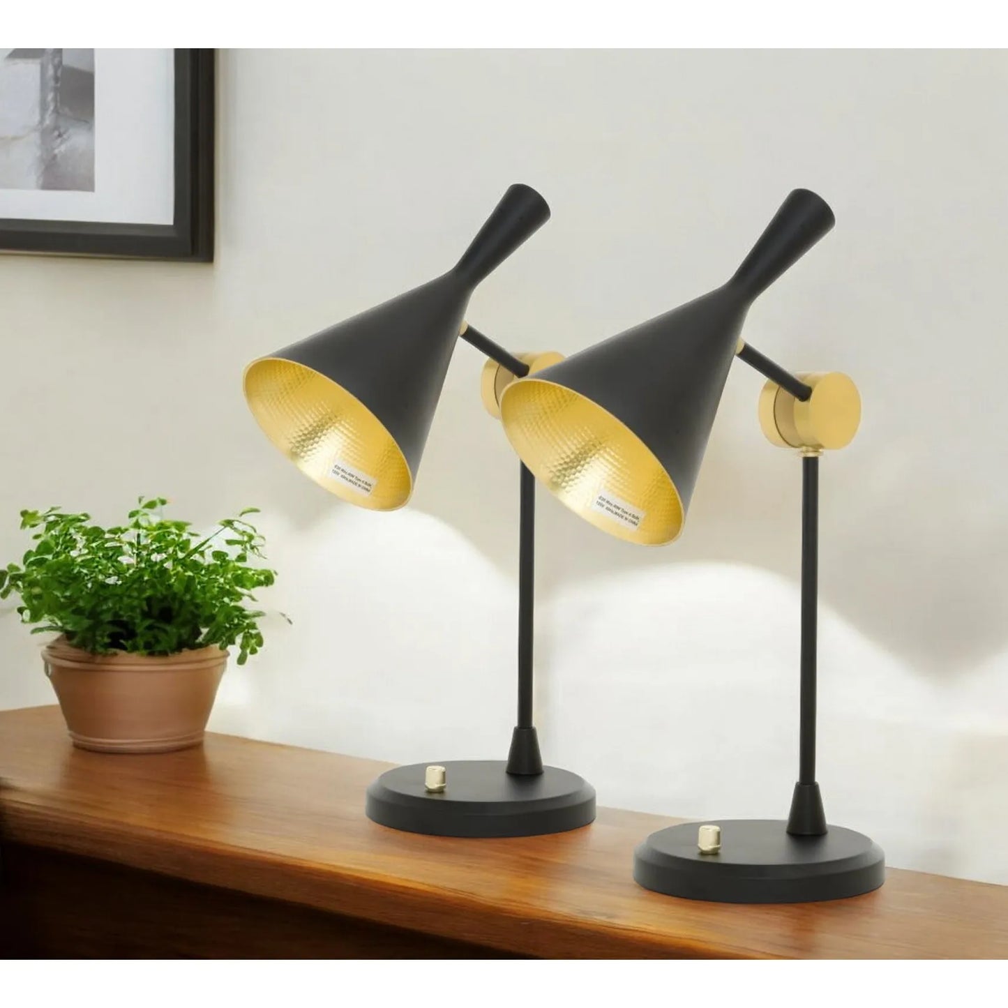HMS Set of Two 23" Black Metal Geometric Desk Lamps with Black and Gold Cone Shade - Loft&Timber