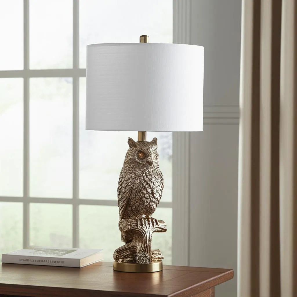 HMS 28" Antiqued Silver Resin Owl Table Lamp - Loft&Timber