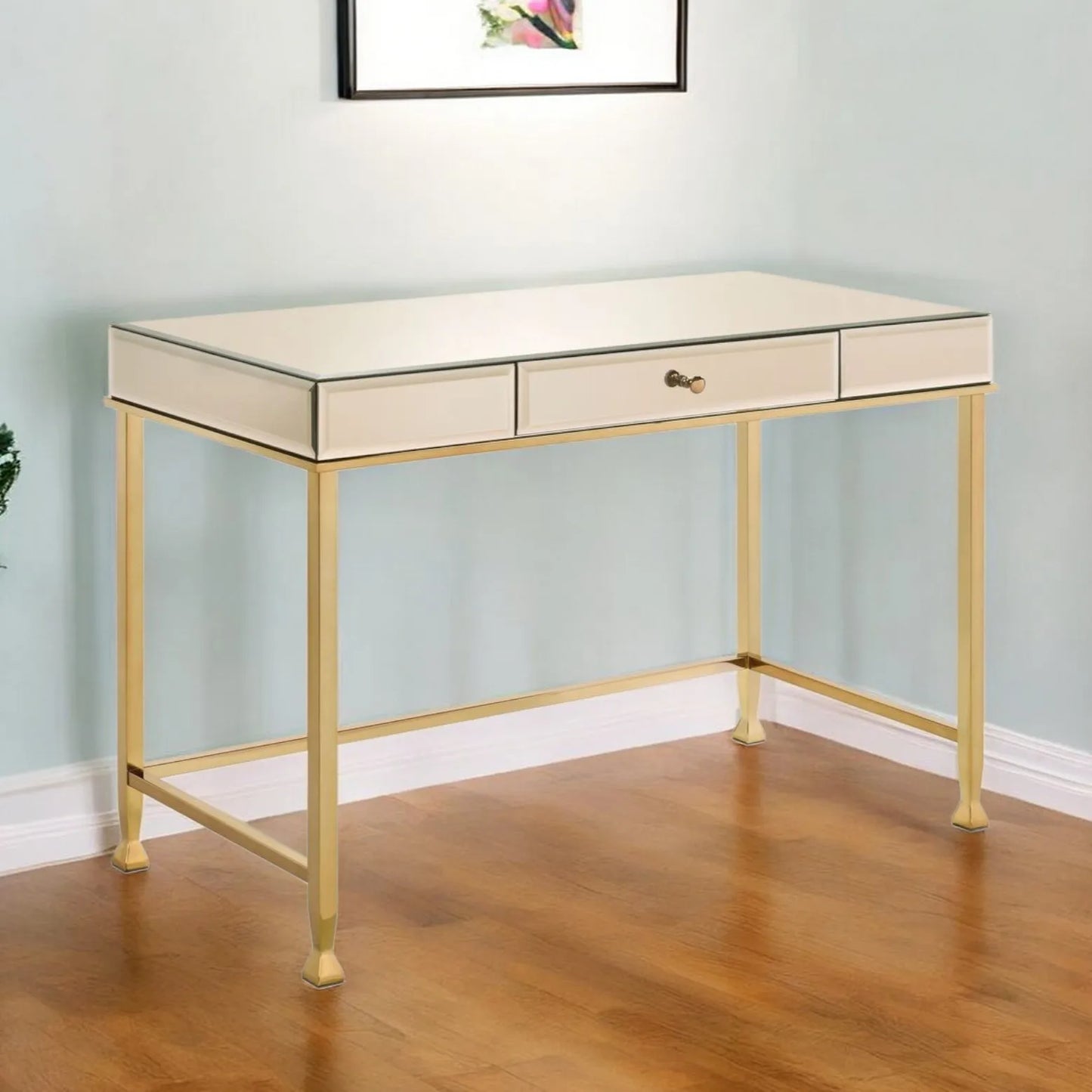 HMS 42" Solid Wood Computer Table White and Gold Mirrored Desk - Loft&Timber