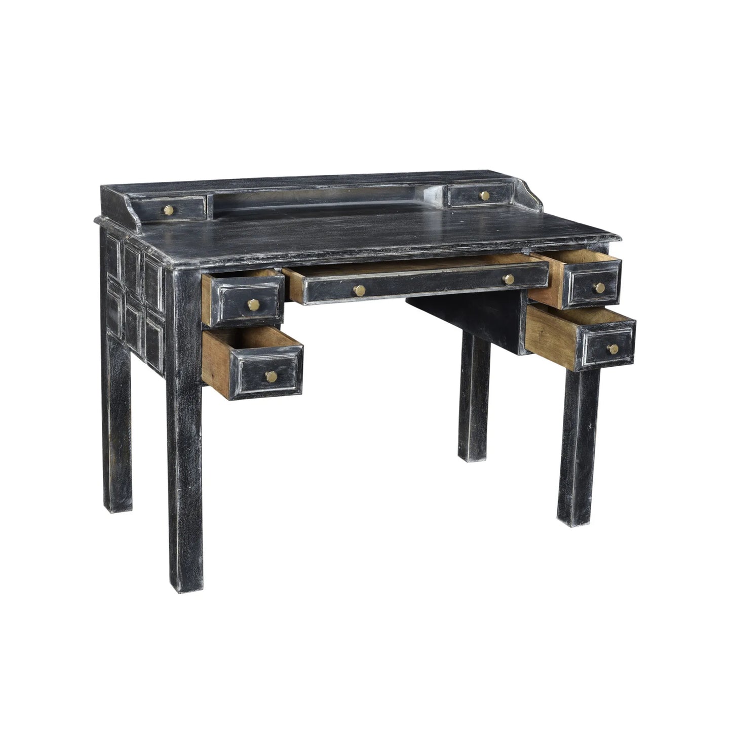 HMS 46" Solid Black Wood Writing Desk with Seven Drawers - Loft&Timber