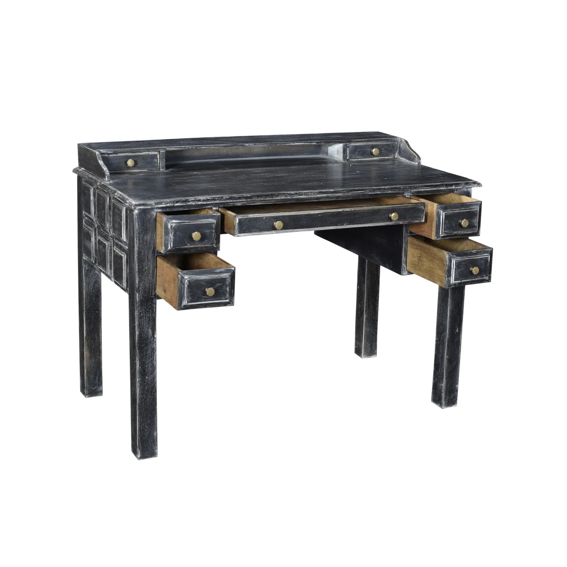 HMS 46" Solid Black Wood Writing Desk with Seven Drawers - Loft&Timber