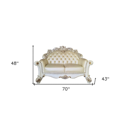 HMS 70" Champagne and Pearl Genuine Leather Loveseat and Toss Pillows - Loft&Timber