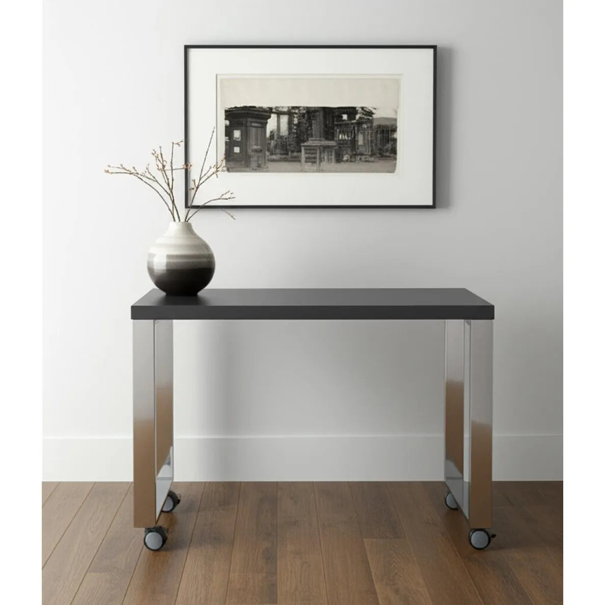 HMS 39" Gray and Silver Wood and Stainless Steel Rolling Sled Writing Desk - Loft&Timber
