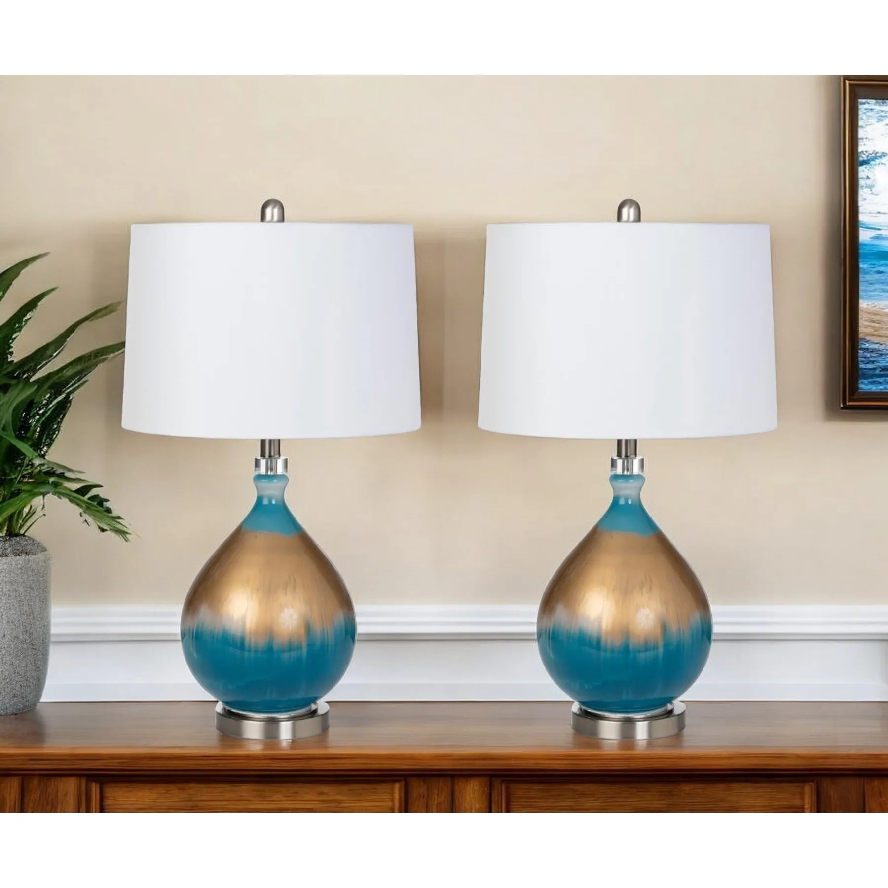 HMS Set of Two 27" Ombre Blue and Gold Glass Table Lamps with White Empire Shade - Loft&Timber