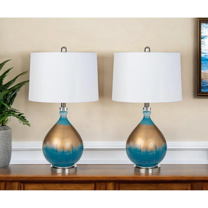 HMS Set of Two 27" Ombre Blue and Gold Glass Table Lamps with White Empire Shade - Loft&Timber