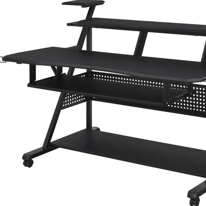HMS 67" Black Solid Wood and Metal Rolling Desk - Loft&Timber