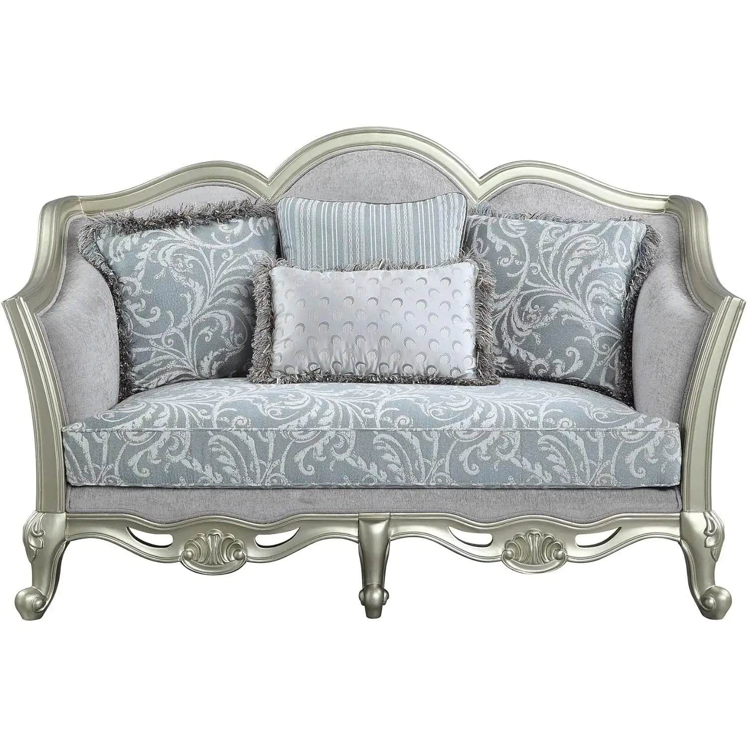 HMS 66" Light Gray and Champagne Damask Loveseat and Toss Pillows - Loft&Timber