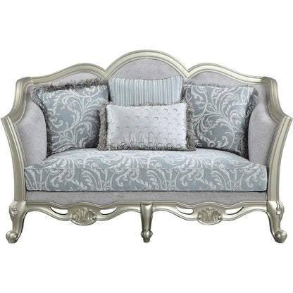 HMS 66" Light Gray and Champagne Damask Loveseat and Toss Pillows - Loft&Timber