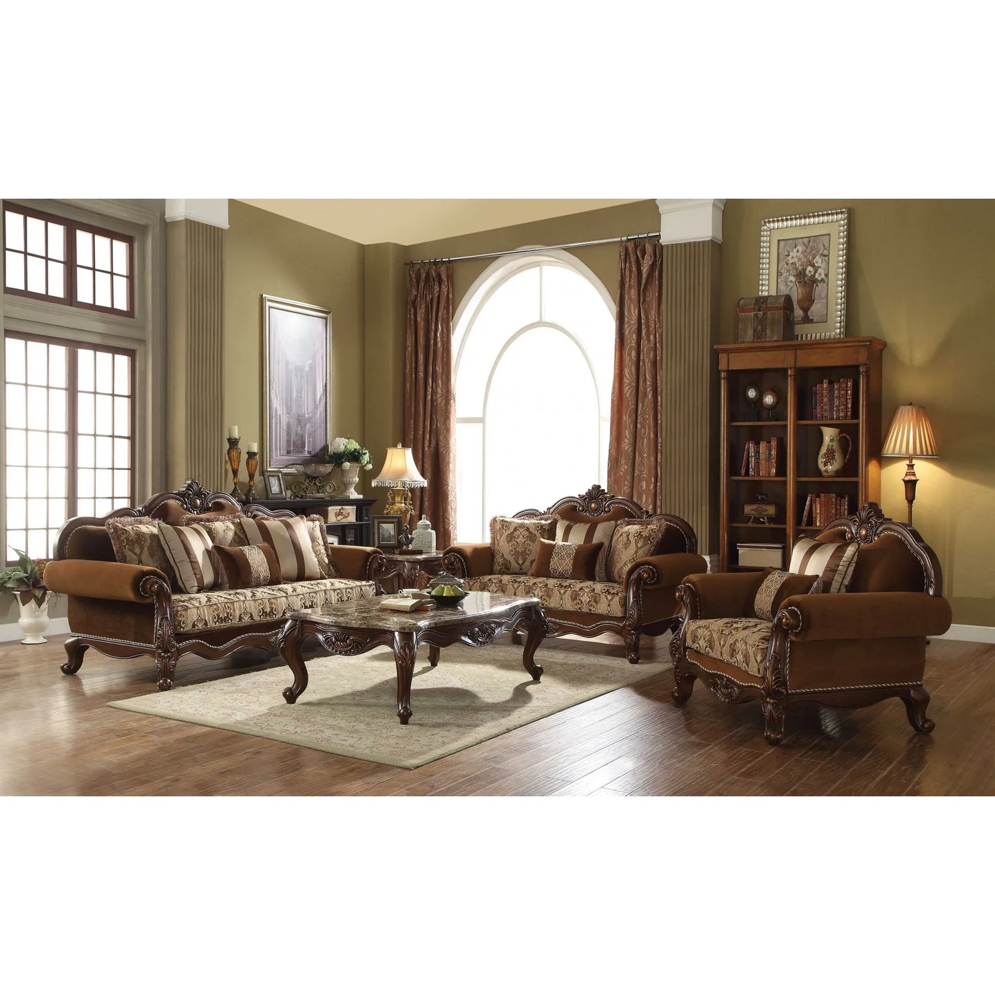 69" Brown Damask Chesterfield Loveseat and Toss Pillows - Loft&Timber